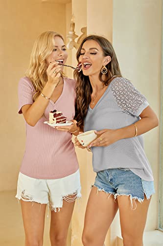 Merokeety Women's Casual V Neck Tops T-Shirts Loose Puff Short Sleeve Business Blouse Grey #TOP6