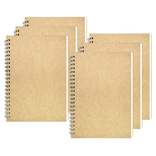 DSTELIN Blank Spiral Notebook, 6-Pack, Soft Cover, Sketch Book, 100 Pages / 50 Sheets, 7.5 inch x 5.1 inch, 100GSM, (Brown)