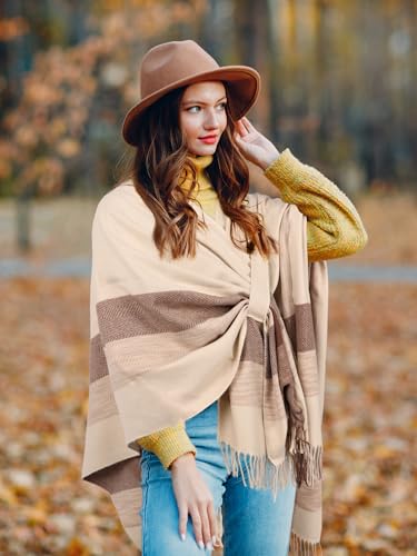 Image of Bestshe Women's Boho Open Front Poncho Plaid Shawl Wrap Cape | Tassel Cardigan Sweater, Cozy Layering, Fall Winter Clothes for Women