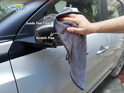 Image of SOFTSPUN Microfiber Super Absorbent Cloth 500 GSM 40X40 cms Pack of 5 Grey! Silk Banded Edge Towel Set Extra Thick Microfiber Cleaning Cloths Perfect for Bike Auto Cars Both Interior and Exterior.
