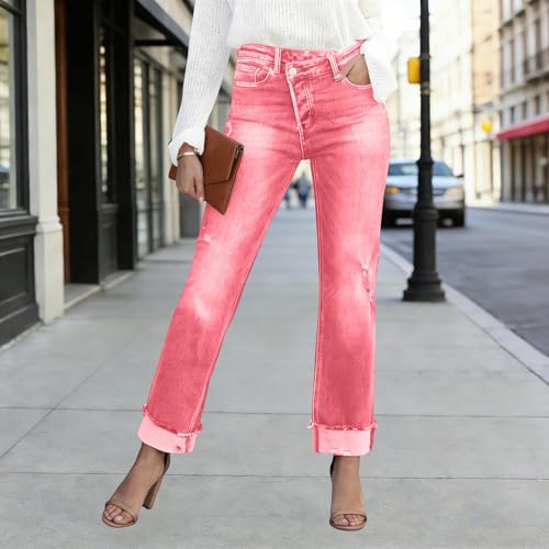 Jean décontracté avec jambe droite taille haute extensible - 2
