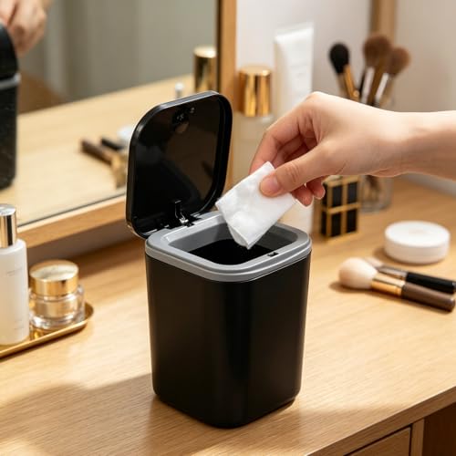 Image of 0.5 Gallon Tiny Desktop Push-Button Trash Can, Black | Mini Wastebasket, One-Touch Pop-Up Lid, Slim Footprint, Vanity Office Bedroom Countertop Storage