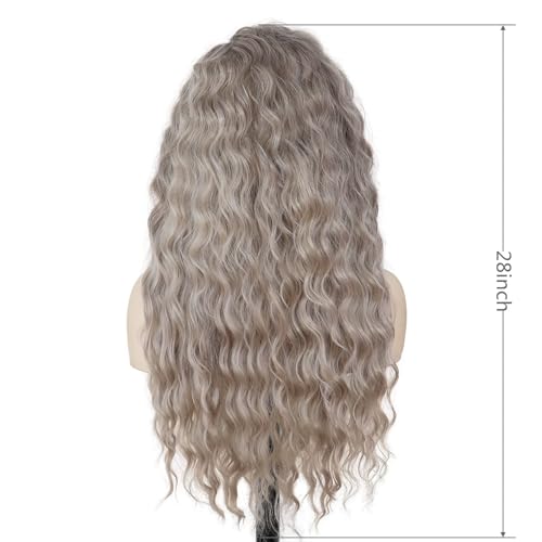 Image of GNIMEGIL 26 Inch Long Wavy Wigs for Women Ombre Grey Wig Synthetic Natural Curly Wig Fluffy Part Hairstyle for Daily Party Halloween Costume Cosplay Wigs with Hairpin