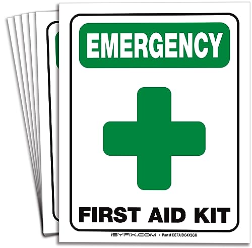 iSYFIX Emergency First Aid Kit Signs Stickers for Home, Schools & Business - 6 Pack 4x5 Inch - Premium Self-Adhesive Vinyl, Laminated UV, Weather, Scratch, Water and Fade Resistance, Indoor & Outdoor
