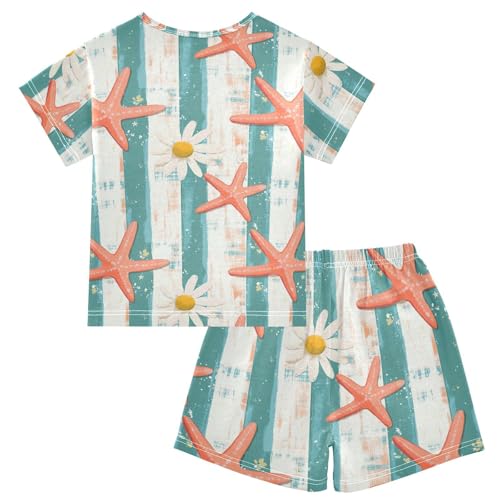 ALAZA Starfishes Daisy Flowers Stripes Pajama Set Short Sleeve Sleepwear Soft Lounge Nightwear2