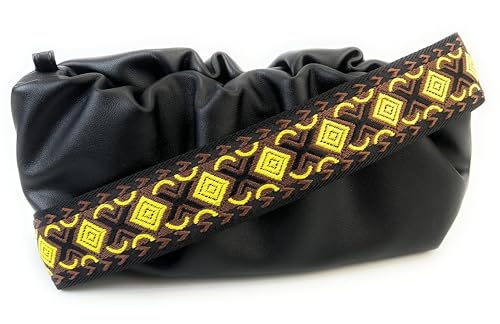 Image of Black Yellow Boho Diamond Purse Strap with Bronze Hardware 2 Inch Wide Replacement Crossbody Guitar Style Shoulder Strap for Handbags Totes