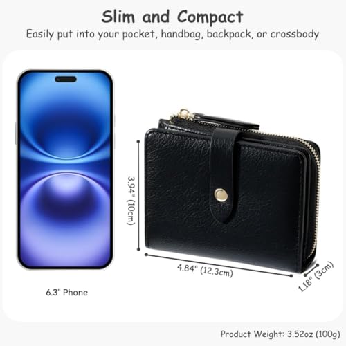 Minimalist Genuine Leather Bifold Wallet for Women with Efficient Card Organization System and Coin Pocket (Black)2