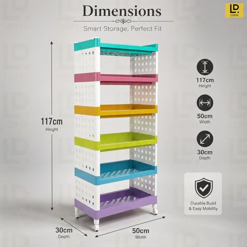 Image of LEOPAX 6 Layers Plastic Rolling Storage Rack | Multipurpose Stackable Storage Rack with Wheels for Kitchen Laundry Room Bathroom Office Home - Multicolor (50 x 30 x 117cm)