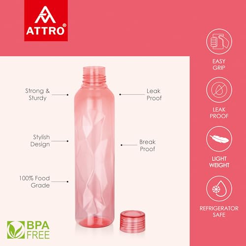 Image of ATTRO Elite 1000ml Plastic Water Bottle BPA Free Leakproof Fridge Safe for Daily Hydration Set of 4 Assorted