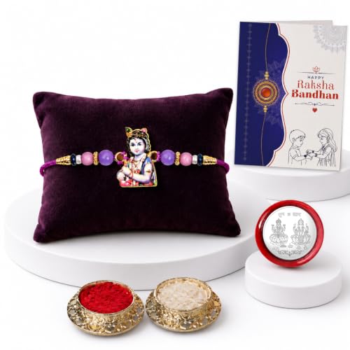 Image of Oblivion Rakhi For Brother Set of 1 - Elegant Krishna Ji With Beads Thread Designer Rakhi with Tilak Set, Greeting Card and Silver Colour Coin - Traditional Raksha Bandhan Combo for Bhai (Pack of 4)
