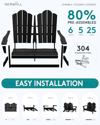 Image of SERWALL Folding Adirondack Bench, HDPE All-Weather Adirondack Loveseat, 660 lbs Capacity, Foldable Outdoor Patio Bench for Deck, Lawn, Garden, Black