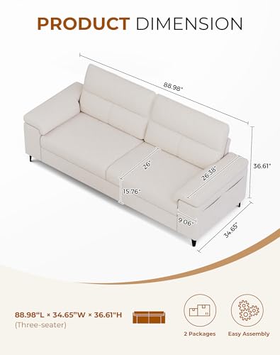 Image of Upvilla 88.97 inch Modern Couches for Living Room, Deep Seat Sofa with 8 inch Cushion, Comfy 2-Seater Chenille Loveseat Sofa with Convertible Armrest, Removable Sofa Cover, High Leg (Beige)