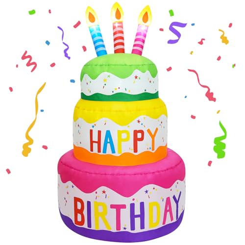 PIPIMOUSE 4 Ft Inflatable Happy Birthday Cake Decorations Outdoor with Built-in LED Lighted Colourful Blow Up Birthday Cake with Candles for Party Yard Lawn Garden Indoor Home Celebration