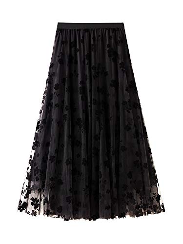 Sunfanrtnn Women's Tulle Midi Elastic High Waist Pleated Layered Floral Print Mesh A-Line Tutu Skirt, A-a Floral Black, One Size steampunk buy now online