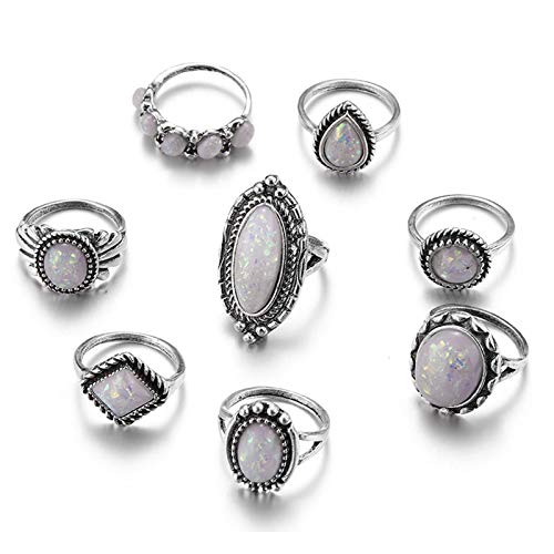 Cnebo Fashion 8 PCS Vintage Knuckle Ring Set, Women Bohemian Opal Turquoise Stone Silver Rings Retro Stackable Midi Finger Rings Lady