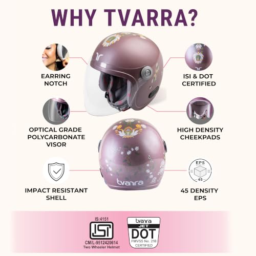 Image of TVARRA Lotus ISI & DOT(USA) Certified Women's Open Face Helmet Design Helmet, Lightweight Material, Crafted for Women, Extreme Comfort fit with Clear Visor