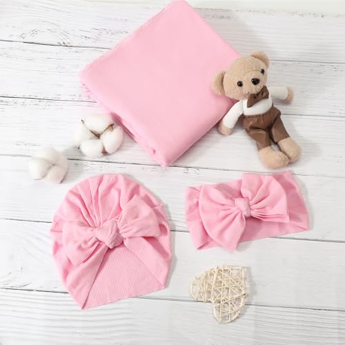Image of DRESHOW BQUBO Baby Girl Newborn Receiving Blankets with Bow Hat Headband Wooden Birth Announcement Card Set Newborn Baby Swaddle Wrap Set Warm Shower Gift