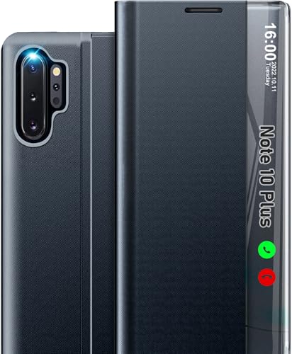 Qissy Coque de téléphone pour Samsung Galaxy Note10 Plus, fenêtre transparente miroir mince à rabat avec béquille, housse de protection antichoc en cuir...