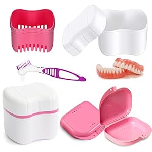 HONGECB Tandprothese-box, prothesenhouder, prothesebeker, prothesebox, tandprothesen houder met zeef, met prothesen reinigingsborstels, voor het bewaren van verkeerde tanden, roze.