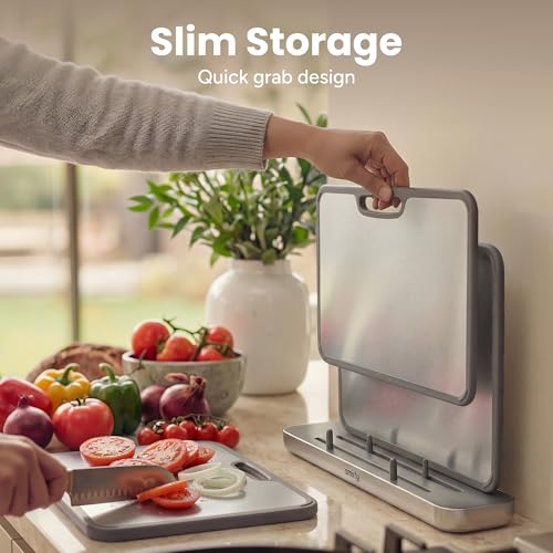 Image of SMIRLY Titanium Cutting Board for Kitchen, with Holder, 3 Pack, Silver | Food-grade Titanium Surface with a Non-porous, Double-sided Design for Easy Cleaning and Hygienic Food Prep
