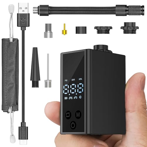 Mini Bike Pump with Gauge, 120 PSI Electric Bicycle Pump, Rechargeable Bike Air Pump Portable, Auto Stop with Presta and Schrader Valves, for Road Bike, Mountain Bike, Sports Balls