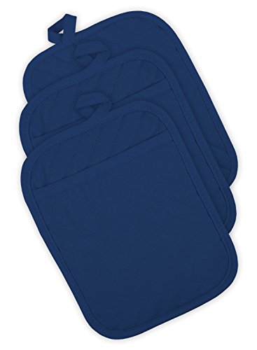 DII 100% Cotton, Machine Washable, Everyday Kitchen Basic, Heat Resistant, Quilted Pocket Potholder, Cooking and Baking, 8 x 8, Set of 3- Nautical Blue