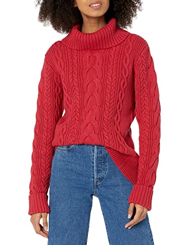 Image of Cable Stitch Women's Cotton Blend Cable Knit Turtleneck Pullover Sweater - Fisherman Long Sleeve Chunky Textured Top