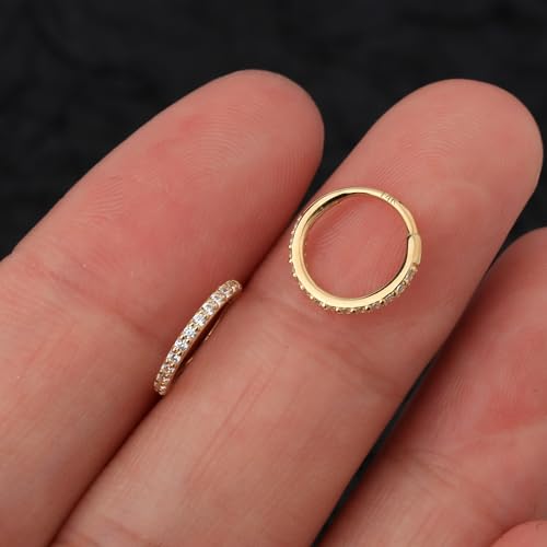 OUFER 14K Solid Gold Nose Ring Hoop 20G - Piercing Jewelry for Conch, Tragus, Cartilage - Clear CZ Paved Earring Hoop for Women4