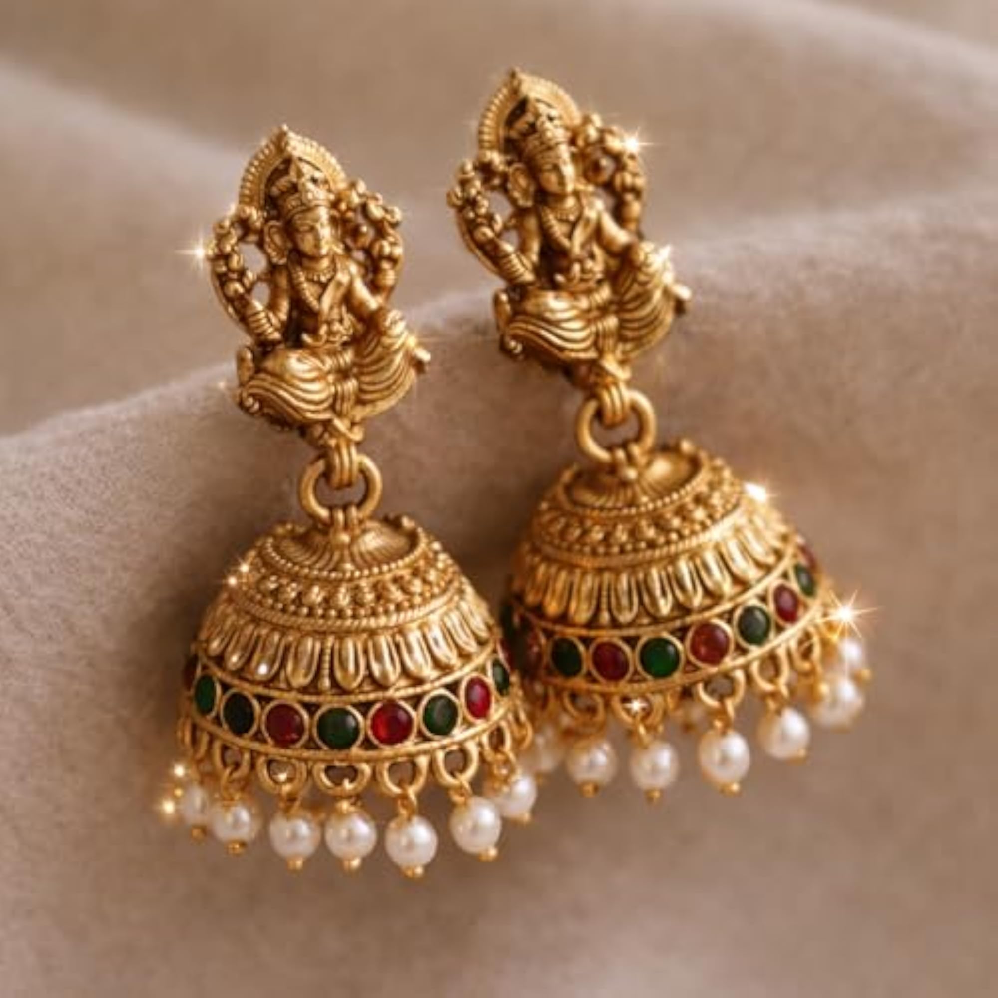 Antique Gold Plated Lakshmi Necklace Set with Jhumka Earrings