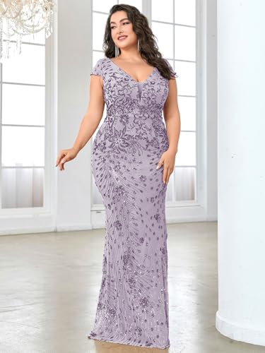 Image of Plus Size Womens Sequined Long Evening Gown Glamous Sleeveless V-Neck Mermaid Prom Dress for Wedding Party