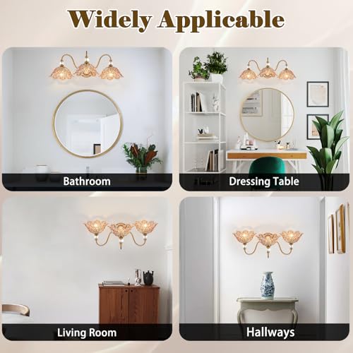 Image of Vintage Bathroom Vanity Light, 3-Light Matte Brass Finish Vanity Light with Flower-Shaped Amber Glass Shades, Retro Wall Sconce for Bathroom, Dressing Table