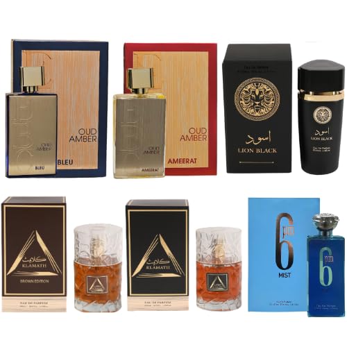 Juego de perfumes de inspiración árabe, colección de 6 botellas, ámbar Oud, ámbar azul, Klamath, Aswad Noir, Klamath, 6PM Mist, 3.4 onzas líquidas