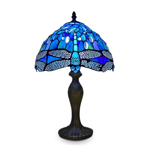 Auroh Tiffany Table Lamp Handcrafted Blue Dragonfly Design Lampshade Antique Table Lamps for Living Room Bedside Desk Bedroom Coffee Table (TFTL-1007)