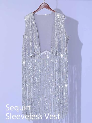 JAKAWIN Fringe Sequin Vest Sparkly Disco Party Rave Jacket for Women BO92462