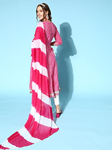 Image of ishin Women's Pink & White Embroidered Anarkali Kurta set with Trouser & Dupatta