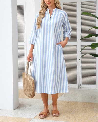 Image of YEXPINE Women Summer Striped Button Down Long Maxi Dress Loose Fit 3 /4 Sleeve Cotton Caftan Shirt Dress with Pocket