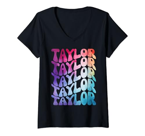 Donna Retro I Love Taylor Groovy 70s 80s Personalizzato Nome Maglietta con Collo a V