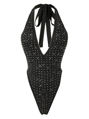 BEAUDRM Womens Sparkly Sleeveless Halter Bodysuit Glitter Deep V Neck Leotard Body Suit Party Clubwear Black Small