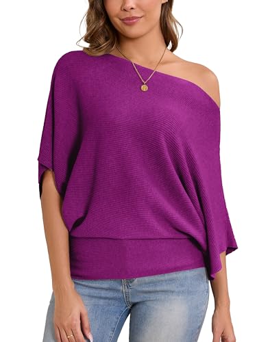Image of MAKARTHY Womens Batwing Sleeves Knitted Dolman Pullovers Boat Neck Tops Sweatershirts