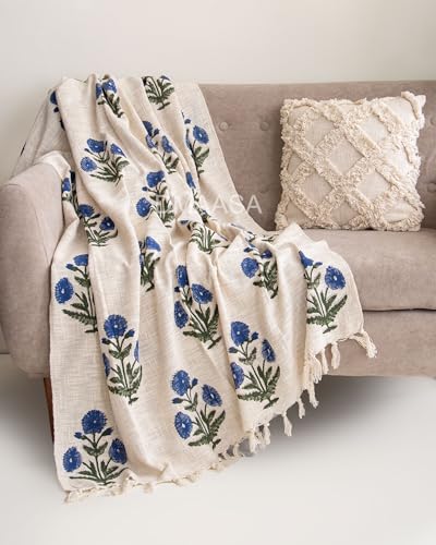 Image of Floral Cotton Throw Blanket - 50x70 Inch Handblock Print Sofa Throw - Boho Fringe Decorative Blanket for Couch, Bed & Living Room - Diwali Gift, Rakhi Gift for Sister (R-HBTH00114)