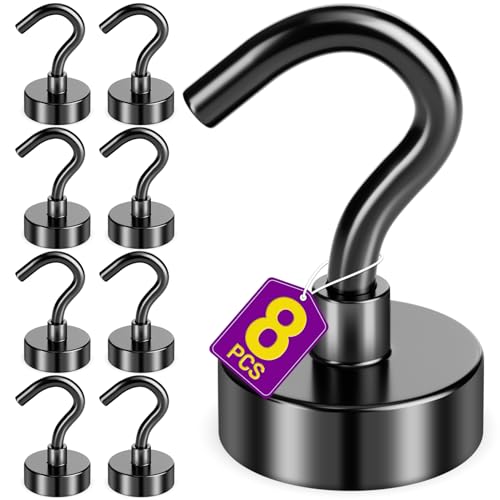 Niuknow 8 Pack Black Magnetic Hooks, 30 LB Neodymium Magnetic