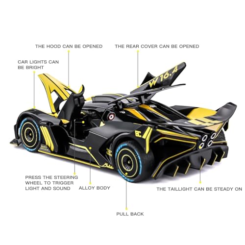Image of 1:24 Scale Big Bugatti Bolide Toy Car | Metal Pullback Diecast Car for Kids with Openable Doors, Sound, Light Effects Toy for Car Enthusiasts (Color As Per Available),blue,black