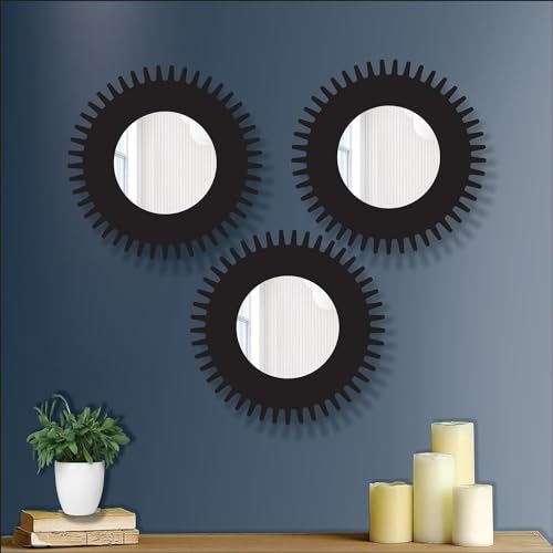 Image of Creative Arts n Frames 11 inch Set of 3 Round Wall Decor Hand Crafted Wooden HD Wall Mirror Panel for Living Room Bedroom Lobby Modern Wall Decor Home Decor Items (Chakra1 Black)