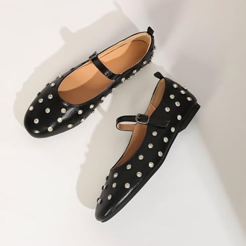 ChaiRong Zhou Women Square Toe Sparkly Rhinestone Mary Jane Shoes Pu Leather Buckle Straps Low Heel Casual Ballet Dress Flats2