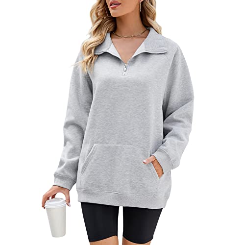 whitzard Sudadera para mujer con cremallera de 1/4, casual, suelta, manga larga, monocolor, para otoño e invierno, gris, M Cover