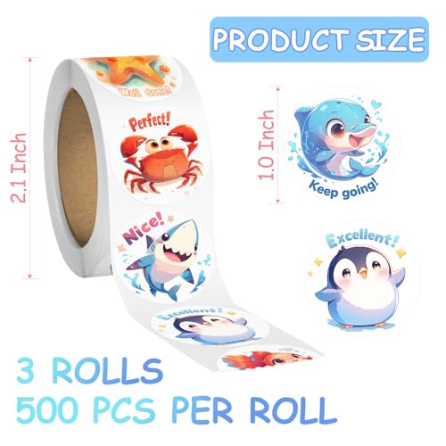 3 Rolls Animal Stickers for Kids, 1500 PCS Kids Stickers Bulk for Toddlers 2-4, 24 Designs Farm/Ocean/Wild Cute Sticker with Motivational Words for Kid Reward, School Supplies (1.0 Inch)