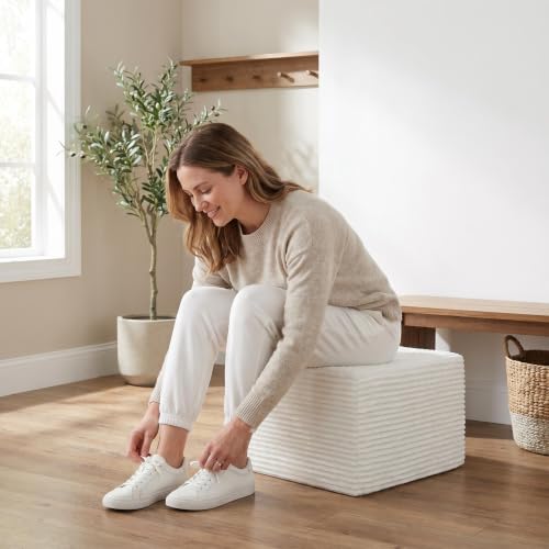 Image of 35.4 inch Corduroy Ottoman Foot Rest with Soft Memory Foam, White | Plush Pouf Compressed Footrest, Floor Foot Stool for Living Room, No Assembly Require