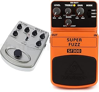Behringer V-TONE BASS DRIVER DI BDI21 Bass Amp Modeler/Direct Recording Preamp/DI Box, Silver & Behriger SUPER FUZZ SF300 3-Mode Fuzz Distortion Instrument Effects Pedal, Peach