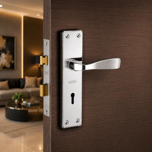 Image of SARDAR Black & Silver 7 Inch Iron Mortise Door Handle Lock Set for Main Door & Bedroom | Heavy Duty Complete Fitting Set | IM-04BS