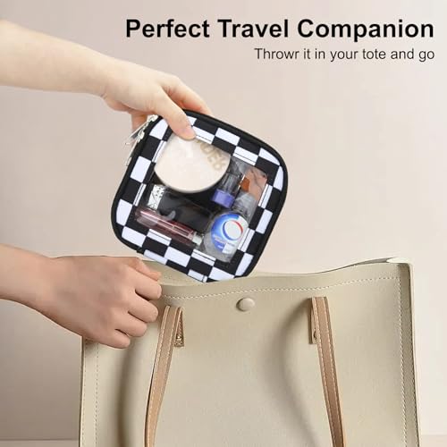 DOB SECHS Small Checkered Makeup Bag 5.1'' x 5.1'' Mini Clear Makeup Pouch for Car Cute Cosmetic Bags for Purse Dual Zipper, Tiny Toiletry Bag Lipstick Organizer Case Travel Essentials Storage Pouches4